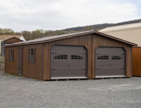 24x28 Two-Car Modular Garage with Coffee Brown Siding and Overhead Doors with windows